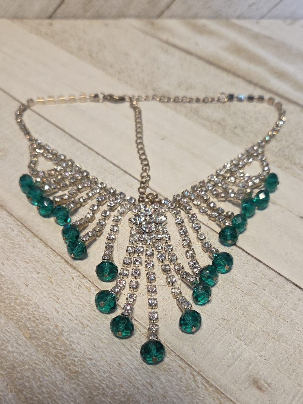 Vintage Faux Diamond And Green Crystal Formal Statement Necklace